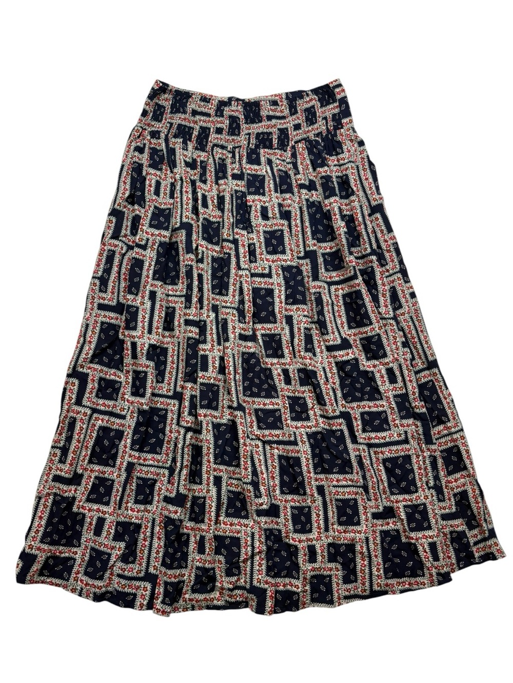 natural life size medium Classic Patterned Navy Midi Skirt split blue cream boho